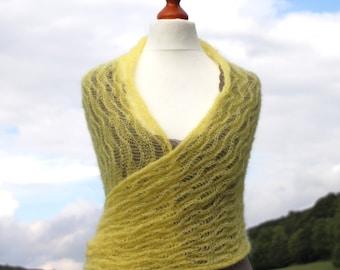 Bridal shawl, knitted stole wedding, wedding wrap, knit scarf mohair, lace pattern, yellow ,wedding 2013
