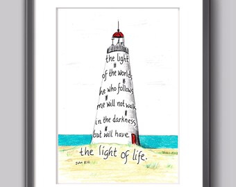 Lighthouse, Bible Verse art print, hand lettered typography, wall art decor, John 8:12