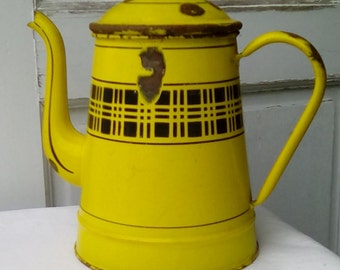 French enamelware coffee pot, bright yellow vintage pitcher.