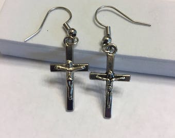 Silver Crucifix Earrings, Silver Cross Earrings, Christian Earrings
