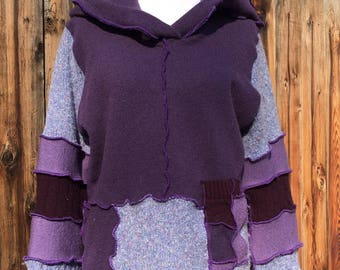 Upcycled wool sweater, XL sweater, sweater hoodie, purple sweater, recycled sweater, eco fashion, purple patchwork, purple pullover