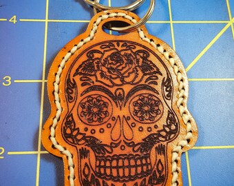 Keychain - Leather - Sugar Skull Design - Day of the Dead