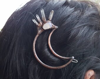Moon hair clip, crescent moon crystal opalite quartz points electroformed barette witchy zodiac hair accessories clips