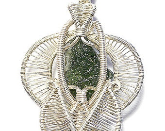 Moldovite heady wire wrap pendant , Moldovite pendant