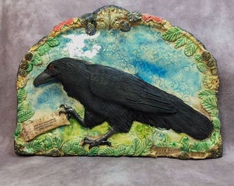 Raven Brings a Message ceramic sculpted wall art