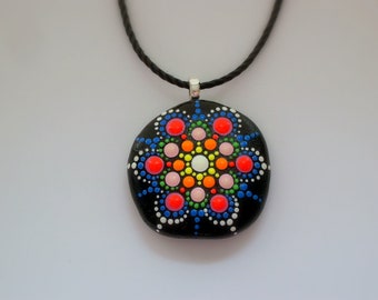 Mandala painted rocks pendant necklace summer birthday gift under 50 statement jewelry beach stone fashion SHIPS FREE yoga art neon glow
