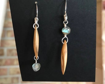 Bamboo and Labradorite, Sterling Silver Earrings, Asymmetrical
