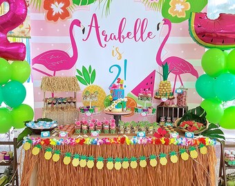 DIGITAL FILE Backdrop Poster: Flamingo Hawaiian Birthday Printable Banner Backdrop 84x72 inches, Flamingo Party, Flamingo Poster