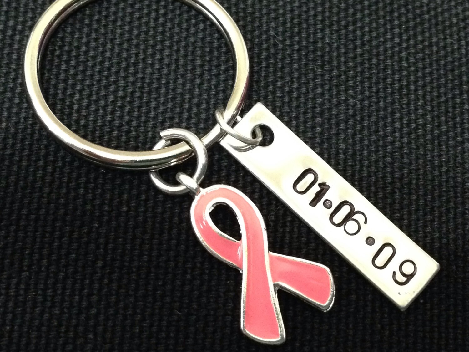 Breast Cancer Memorial Keychain Pink Ribbon Handstamped