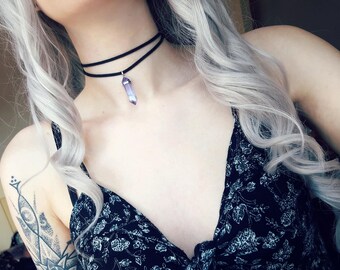 Crystal Choker Necklace Grunge Black Choker Tumblr Jewelry Wrap Choker Boho Choker Crystal Necklace Gemstone Necklace Suede Layered Necklace