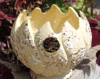Vintage Pastel Yellow and White With 24 Karat Gold Splatter Glaze Made By Savoy
