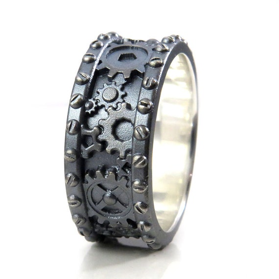 Sandblasted Gray Silver Gear Ring with Rivets - Industrial Steampunk Mens Ring
