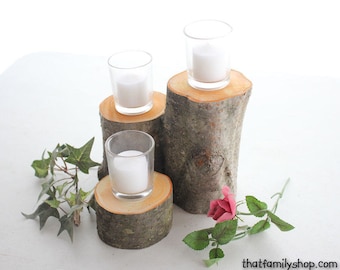 3-Log Centerpiece Stand Display, Rustic Candle Arrangement