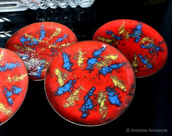 5x Vintage Red Enamel Coated Coasters / Made of Copper, Enamel Coated / Mid Century Bar Cart Accessories