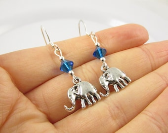 Elephant Earrings- choose a birthstone, Elephant Jewelry, Elephant Gift, Silver Elephant Earrings, Silver Elephant Jewelry, Elephant Charms