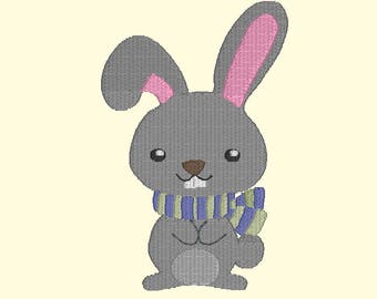 Bunny Rabbit with Scarf Embroidery Files,Rabbit Embroidery Designs,Emboridery of Animals, Embroidery downloads,Grey Bunny Rabbit Designs