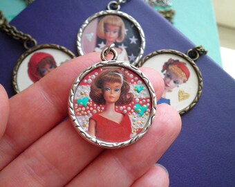 Vintage Barbie Necklace - Classic Brunette Barbie + Hearts & Dots Pendant Jewelry Gift for Her - Iconic Barbie Cameo Upcycled Paper Charm