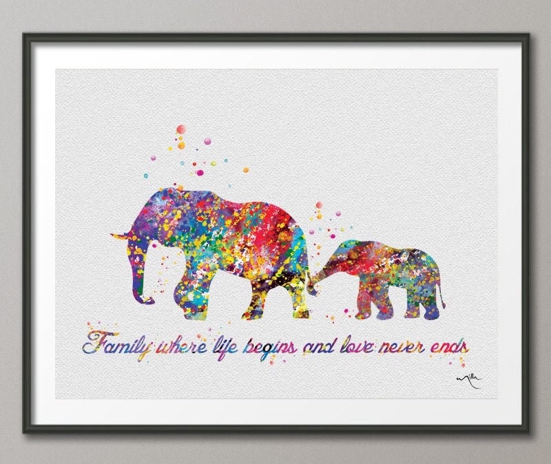 Elephant Family Quote Art Print Watercolor Painting Wedding