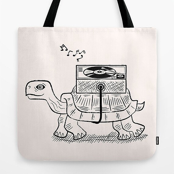 Tortoise Wax - Turtle / Vinyl - Black and White - Modern / Retro - Record bag - Tote Bag - Book Bag - 18" x 18"