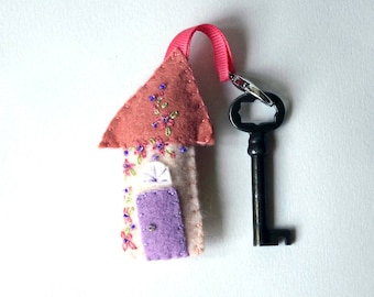 Wool Felt House Key Chain in terra cotta, peach, lavender with peach and purple Embroidered Floral and Beaded Embellishments, 3.25x2"
