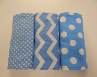 Blue Chevron and Spots Burp Cloths - Set of 3 - Toweling Backed - 100% Cotton