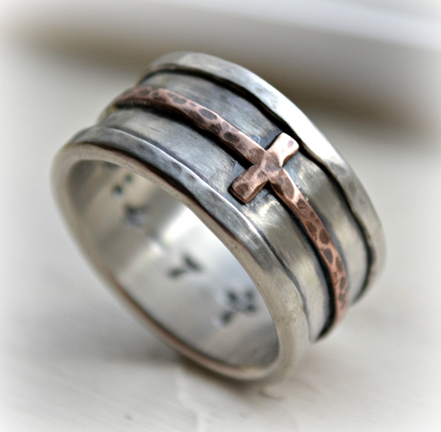 mens cross wedding band rustic hammered cross ring oxidized
