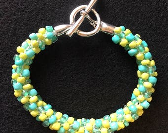 Aqua Lime Kumihimo Beaded Bracelet