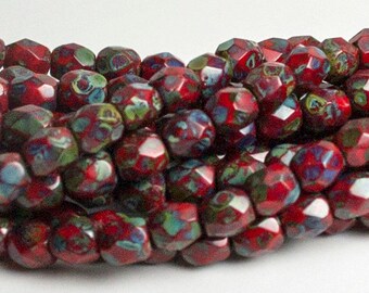 50 4mm Opaque Red Picasso Czech Beads, Faceted Firepolish, Czech Glass Beads, Jewelry Supplies, Czech Picasso Beads, Craft Supplies, Beads