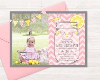 Lemonade Birthday Invitation - Girls First Birthday Lemonade Invitation - Invite - Mason Jar Chevron Bunting Lemonade Stand Photo Invitation