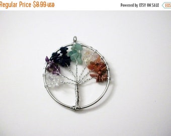 ON SALE Chakra Tree Of Life Hand Wired Semi Precious Stones Silver Pendant 13117