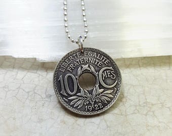 Coin Jewelry - Antique France 10 centime COIN NECKLACE - French jewelry - Republique Francaise - Art Nouveau coin pendant - francophone