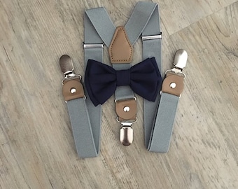 Bowtie & Suspender Set/Navy Bowtie/ Gray Suspenders/ Navy Blue Bowtie/ Navy Bow tie/ Toddler Suspenders/ Navy Wedding Bow tie