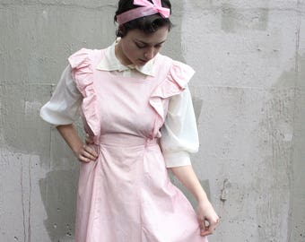 Vintage 1940's Dress // 30s 40s Pink and White Gingham Pinafore Dress with Ruffles // Wartime Sweetheart Dress