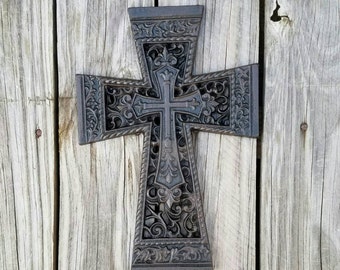 wall cross, cross, ornate cross, floral cross, shabby chic cross, rustic cross, cross wall decor, painted cross, religious decor, new home