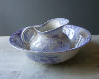 Antique French Lavender Pitcher and Wash Bowl, by Sarreguemines/Lavender Ironstone.