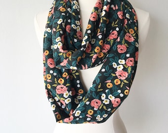 Black Floral Rifle Paper Co Floral Rayon Infinity Scarf - Handmade - For Her, Spring Fashion, Mother's Day, Summer