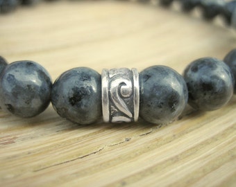 Mens Celtic Bracelet - Larvikite Bracelet for Men with Silver Celtic Band, Blue Grey Norwegian Stone for Intuition and Psychic Protection