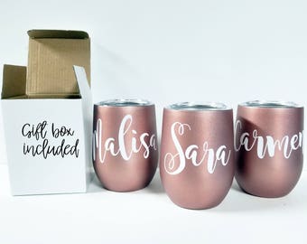 Bachelorette Tumblers, Bridesmaid Gift, Bachelorette Party Favors, Rose Gold, Bride and Bridesmaid Cups, Stemless Wine Tumblers