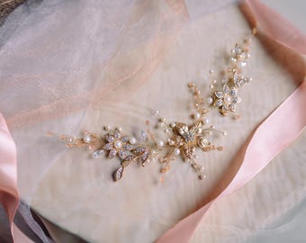 Bridal Headpiece - Wedding Headpiece - Bridal Hair Piece -Decorative Hair Adornment-Gold floral Bridal Hair Comb -Wedding crystal Hair comb