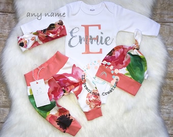 Baby Girl Coming Home Outfit Baby Girl Clothes Monogrammed Bodysuit Birthday Girl Outfit Photo Prop Personalized Baby Outfit
