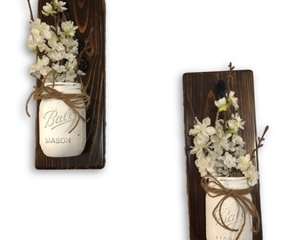 Set of 2 White Cherry Blossoms Mason Jar Wall Sconces Floral Arrangements