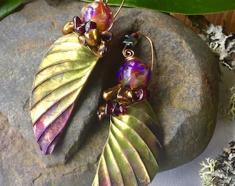 Rainforest, Stunning one of a kind ,chartreuse,garnet and Helen Backhouse earrings