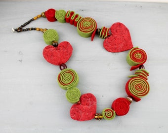 Green and red Felt and Lampwork Glass Beads Necklace, Nickel free