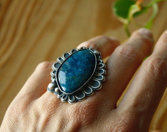 Silver Azurite Ring—Efflorescence Floral Azurite Statement Ring—Finished In Your Size