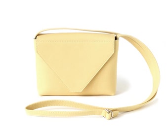 Minimalistic Crossbody Bag Light Yellow Leather, small satchel bag, yellow handbag