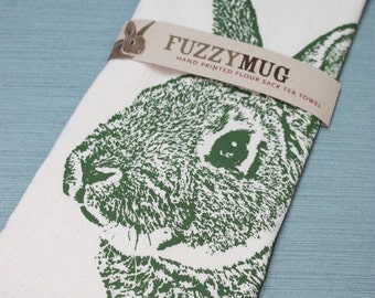 Bunny Tea Towel in Moss, Rabbit Tea Towel - Hand Printed Flour Sack Tea Towel (unbleached cotton)