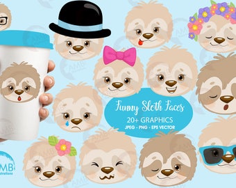 Sleepy sloth faces clipart, emoji faces, sloth emoji clipart, emojis for scrapbooking, animal emojis, commercial use, AMB-2203
