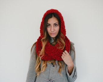 Red hooded scarf, red scarf, chunky hooded scarf, chunky scarf, winter, spring scarf, fall, winter, valentins day