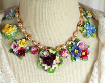 Bone China Rose Assemblage Necklace porcelain vintage multicolor flowers, brooches pins choker, jewelry, up cycled, repurposed, recycled