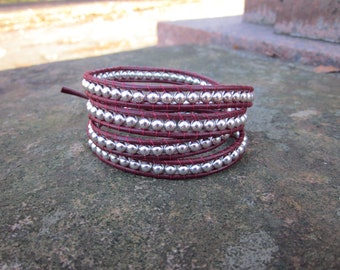 Leather Beaded Wrap Bracelet - Dark Red and Silver